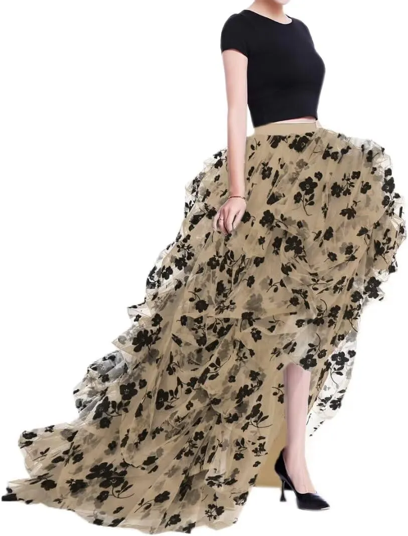 WDPL Women's Long High Low Ruffles Party Tulle Skirt