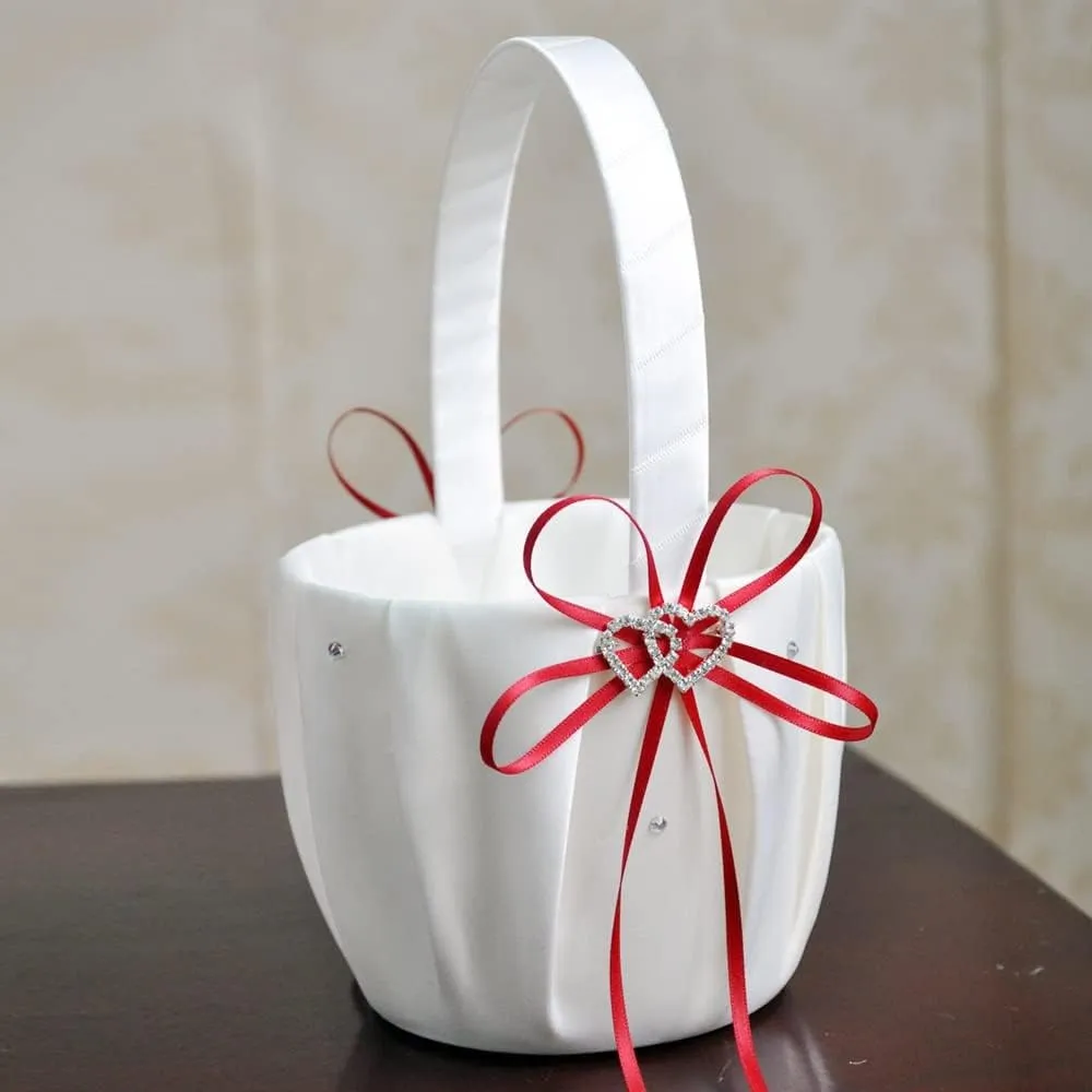 Wedding Basket Ring Pillow Flower Storage Basket Flower Girl Basket with Heart Buckle Satin Ribbons Hanging Basket for Wedding (D 13 * 22cm)