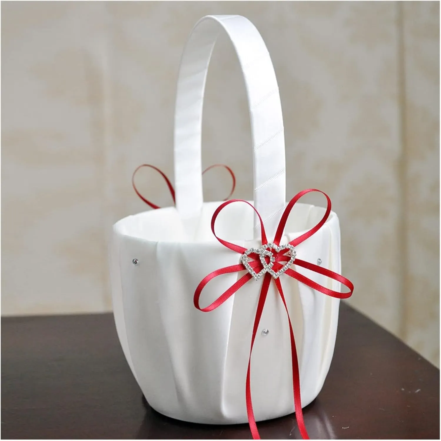 Wedding Basket Ring Pillow Flower Storage Basket Flower Girl Basket with Heart Buckle Satin Ribbons Hanging Basket for Wedding (D 13 * 22cm)