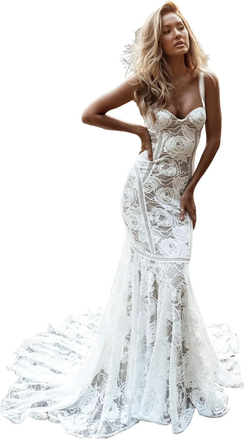 Wedding Dresses for Bride Long Lace Applique Tulle Bridal Gown Boho Beach Wedding Dress