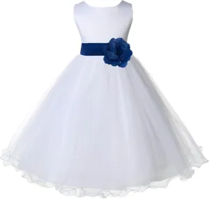 Wedding Pageant White Flower Girl Rattail Edge Tulle Dress