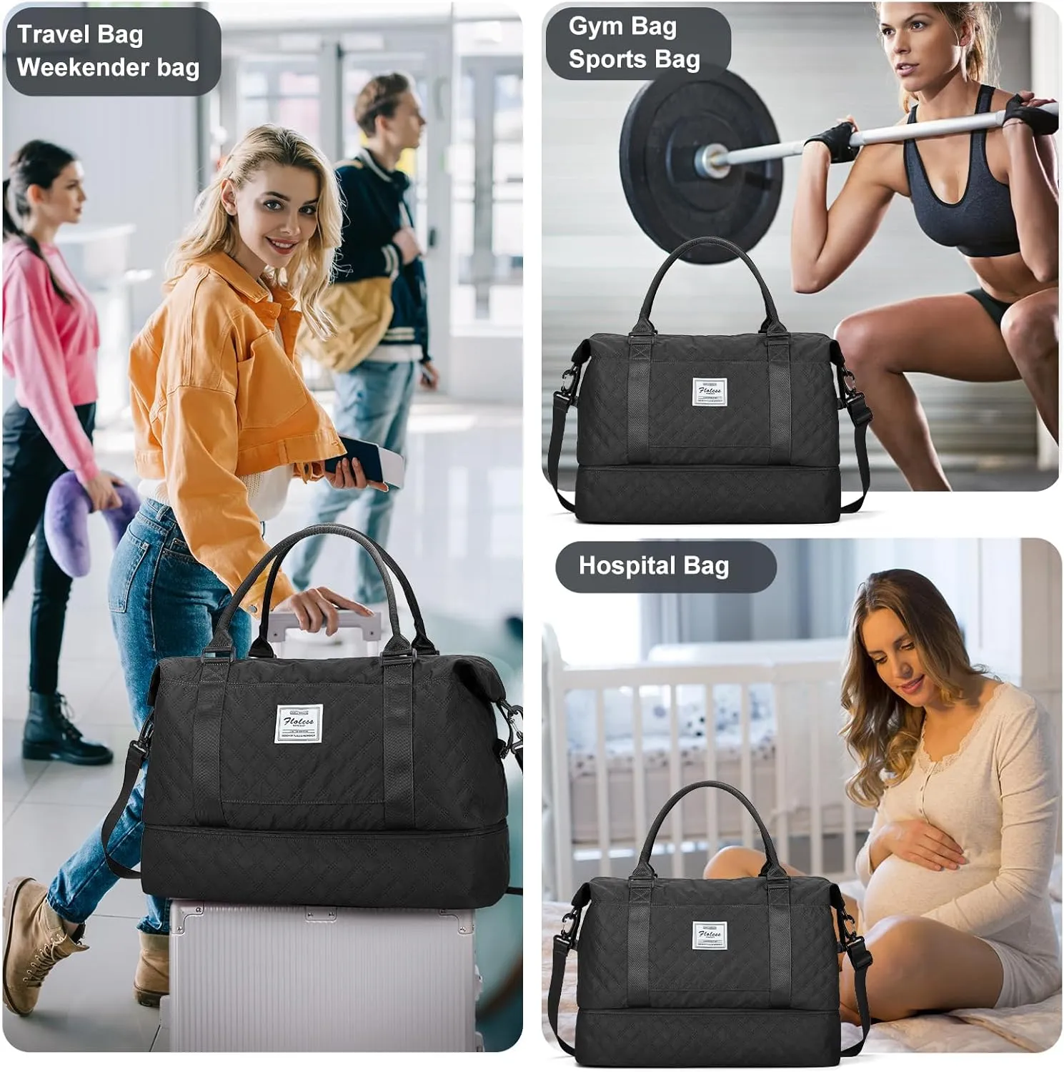 Weekender Bags for Women, Carry-On Personal Item Bag, Overnight Travel Duffel Bag with Shoes Compartment &Trolley Sleeve
