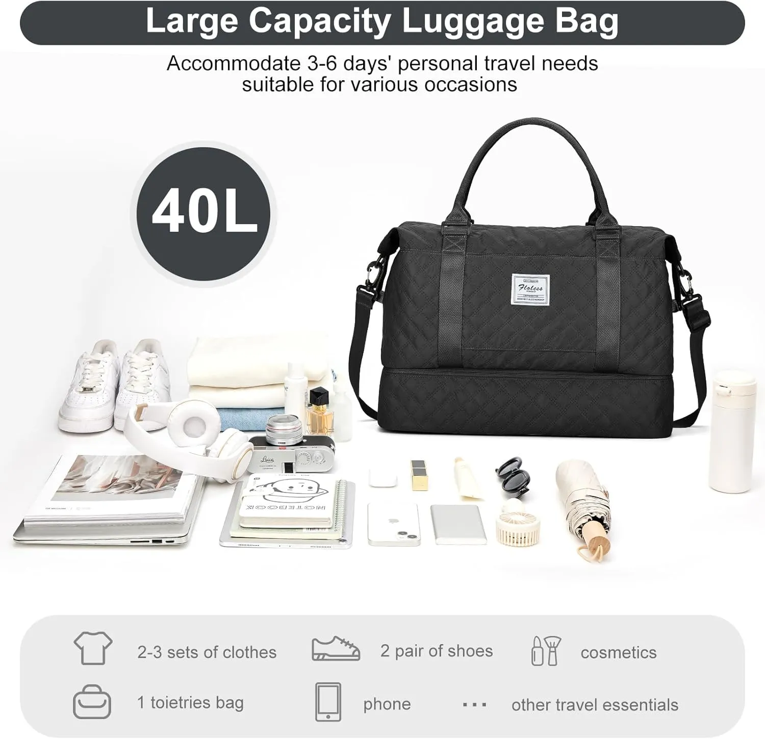 Weekender Bags for Women, Carry-On Personal Item Bag, Overnight Travel Duffel Bag with Shoes Compartment &Trolley Sleeve