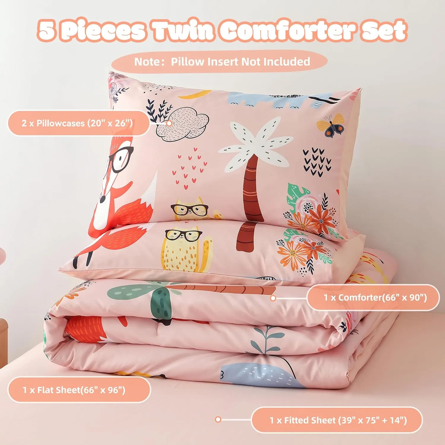 weigelia Pink Twin Comforter Set 5 Pieces Bed in a Bag Forest Animals Kids Comforter Set for Girls Soft Fluffy Twin Bedding Sets with Fitted Sheet, Flat Sheet, 2 Pillowcases for All Season