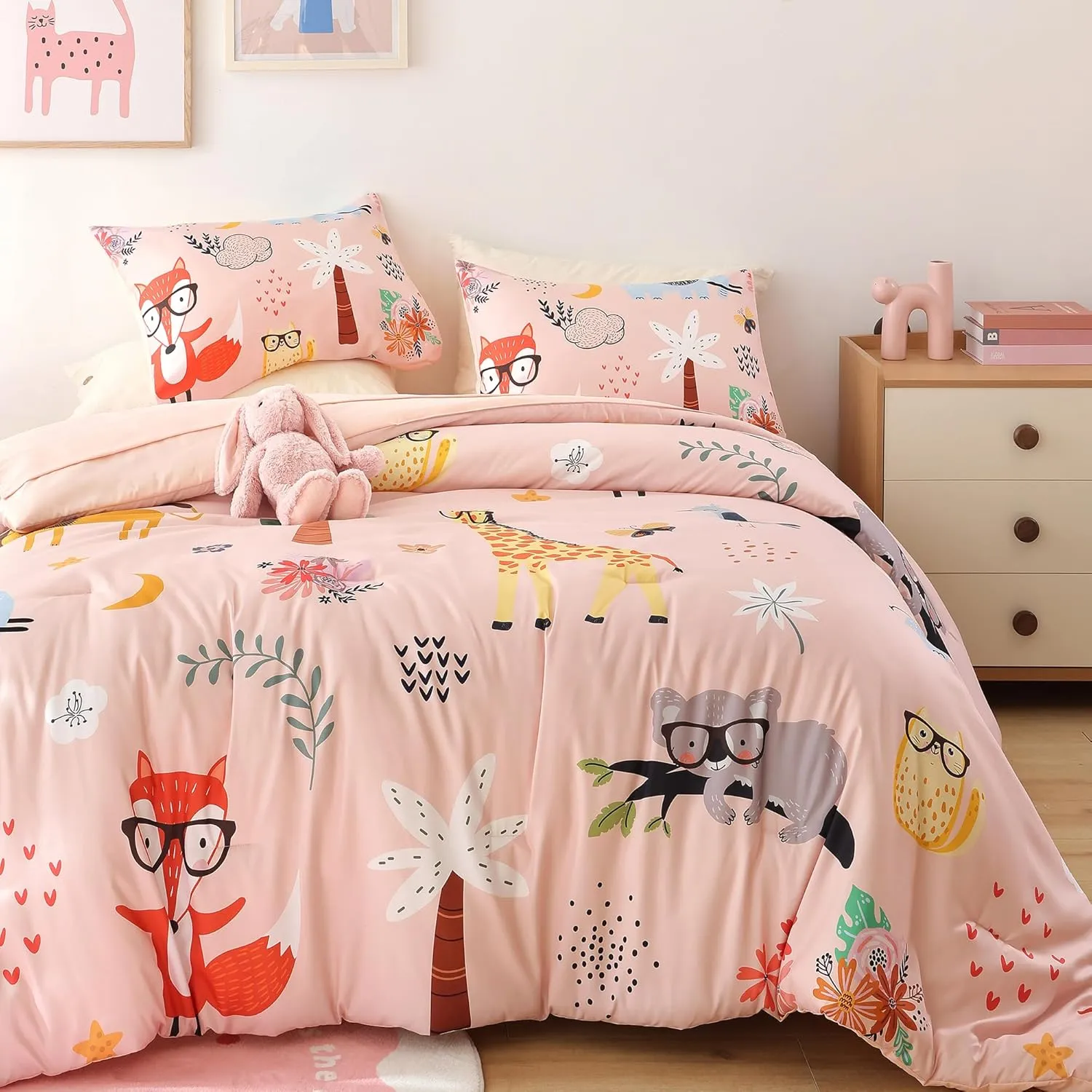 weigelia Pink Twin Comforter Set 5 Pieces Bed in a Bag Forest Animals Kids Comforter Set for Girls Soft Fluffy Twin Bedding Sets with Fitted Sheet, Flat Sheet, 2 Pillowcases for All Season