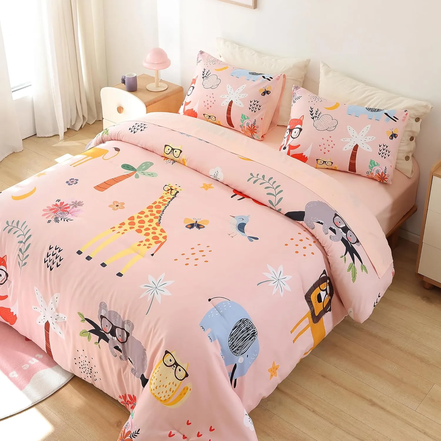 weigelia Pink Twin Comforter Set 5 Pieces Bed in a Bag Forest Animals Kids Comforter Set for Girls Soft Fluffy Twin Bedding Sets with Fitted Sheet, Flat Sheet, 2 Pillowcases for All Season