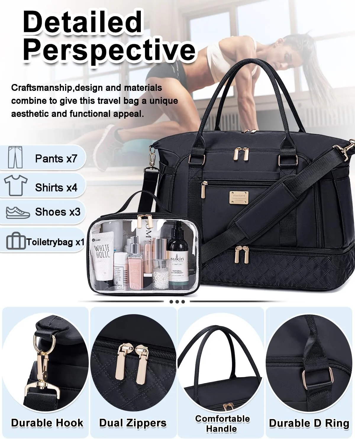 Weitars Gym Duffel Bag - Women's Travel Weekender with Shoes Compartment & Wet Pocket - Large Carry On