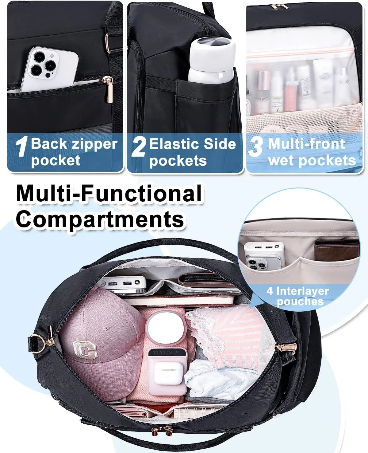 Weitars Gym Duffel Bag - Women's Travel Weekender with Shoes Compartment & Wet Pocket - Large Carry On