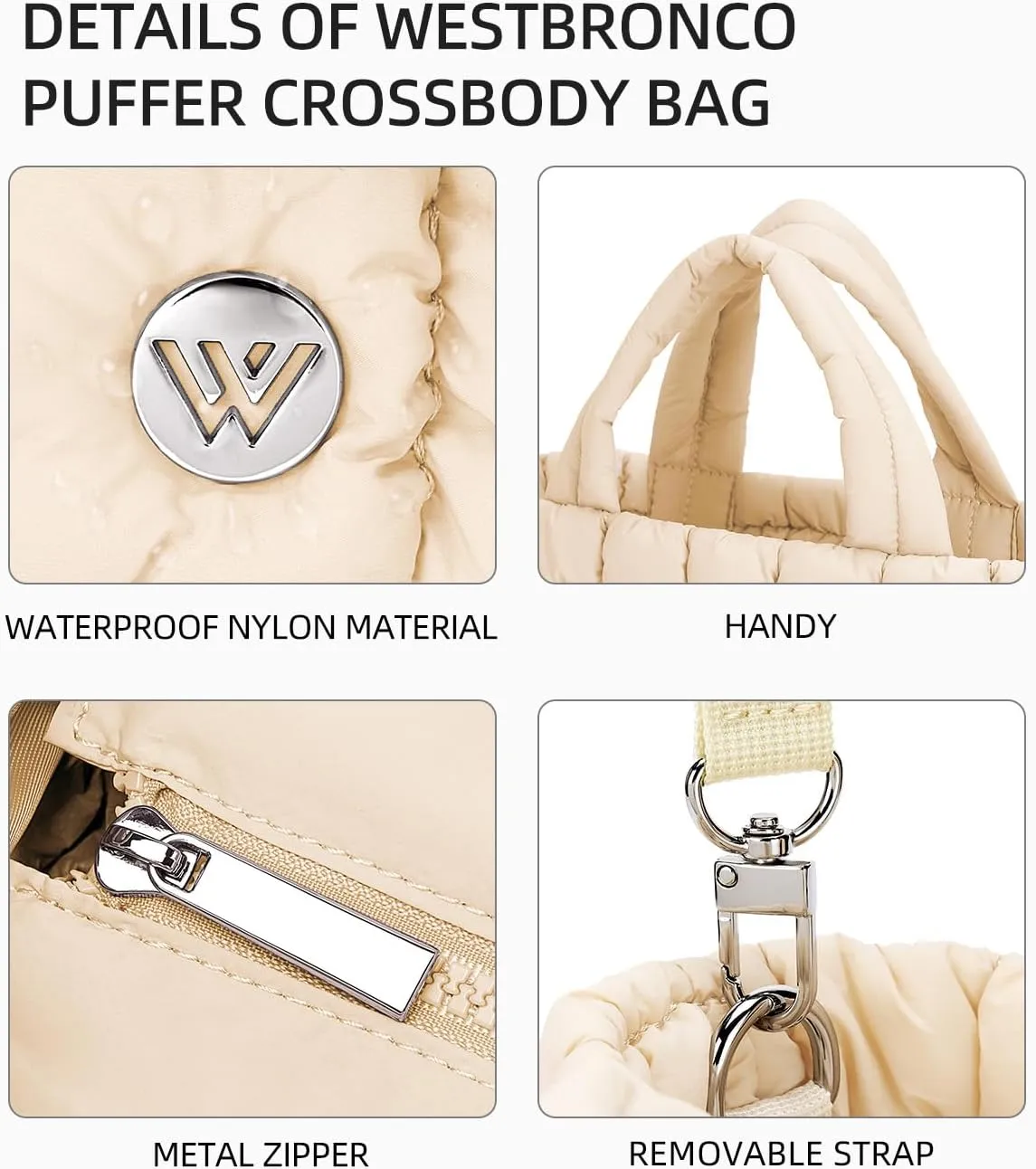 WESTBRONCO Small Puffer Bag Quilted Crossbody Bags for Women Puffy Purse Nylon Shoulder Handbag with Adjustable Strap