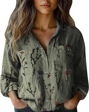 White Linen Shirt Women Fashion Down Shirts Casual Tops Long Sleeve Blouse Solid Casual Blouses with Pocket