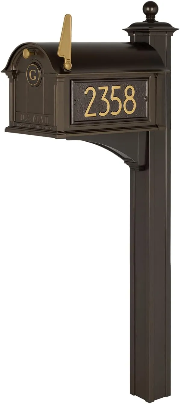 Whitehall Custom Extra Large Mailbox - Balmoral Model with Modern Style Address Plaques, Monogram and Side Mount Post Package, Sand Cast Aluminum, Bronze Personalized in Goldtone
