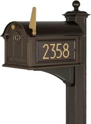 Whitehall Custom Extra Large Mailbox - Balmoral Model with Modern Style Address Plaques, Monogram and Side Mount Post Package, Sand Cast Aluminum, Bronze Personalized in Goldtone