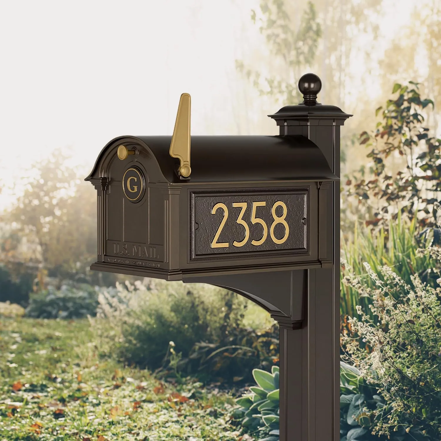 Whitehall Custom Extra Large Mailbox - Balmoral Model with Modern Style Address Plaques, Monogram and Side Mount Post Package, Sand Cast Aluminum, Bronze Personalized in Goldtone