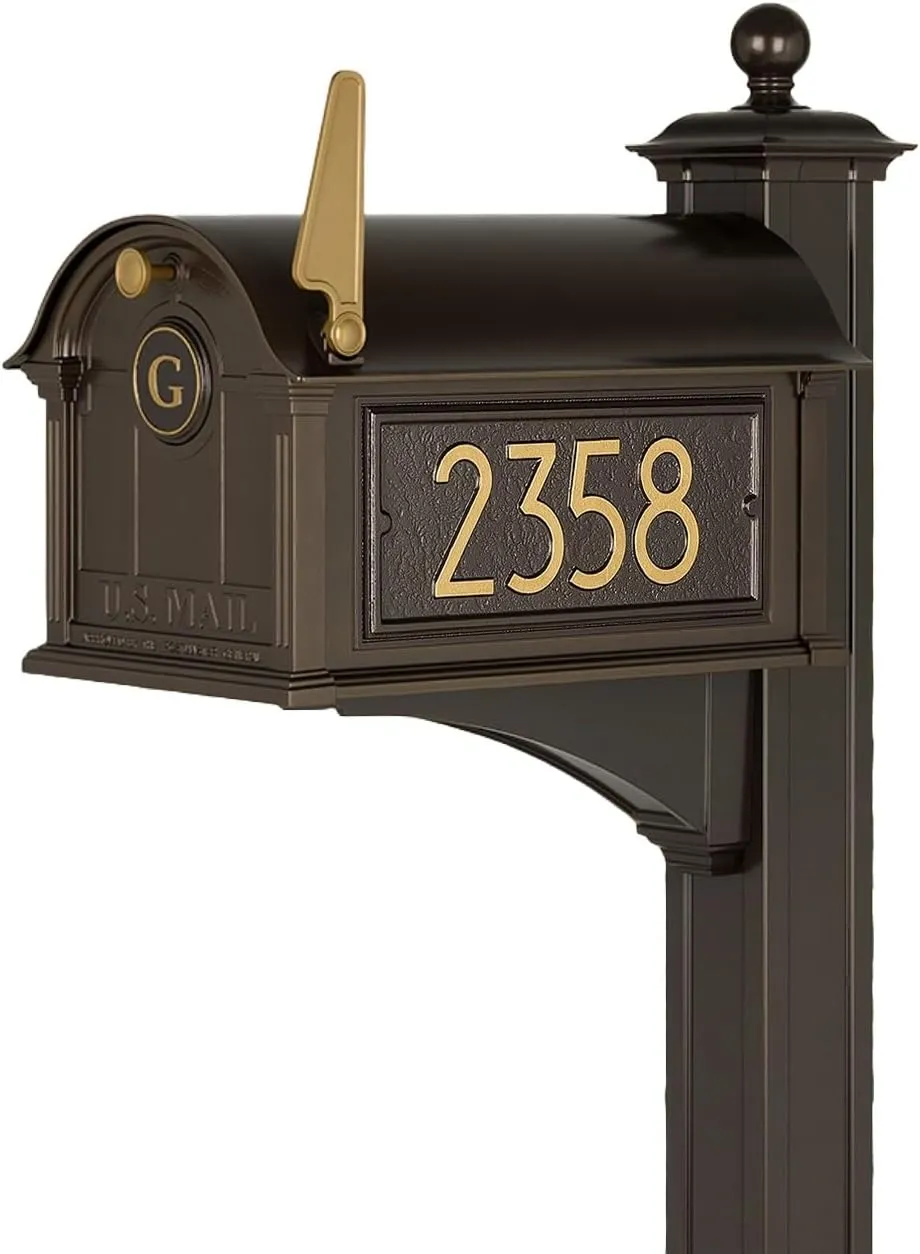 Whitehall Custom Extra Large Mailbox - Balmoral Model with Modern Style Address Plaques, Monogram and Side Mount Post Package, Sand Cast Aluminum, Bronze Personalized in Goldtone