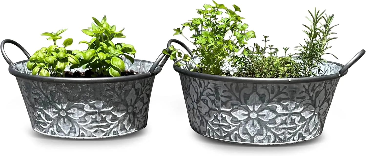 WHW Whole House Worlds Rustic Metal Planters, Set of 2, Floral Pattern, White Washed Finish, Metal, Cache Pot Jardinieres, Distressed Grey Finish, 14.5 and 12.5 Diameter