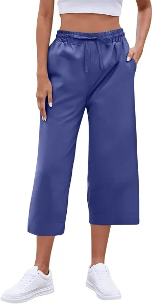 Wide Leg Capri Pants for Women Elastic High Waist Straight Leg Palazzo Trousers Summer Beach Vacation Lounge Pants