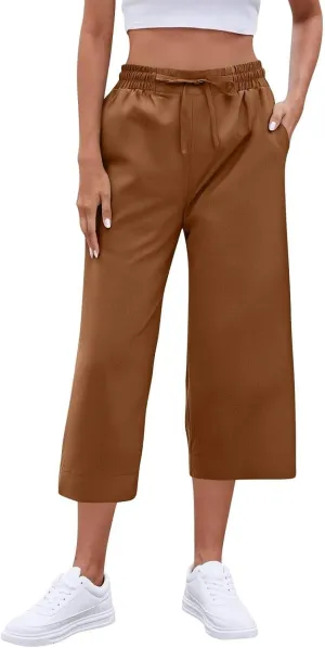 Wide Leg Capri Pants for Women Elastic High Waist Straight Leg Palazzo Trousers Summer Beach Vacation Lounge Pants