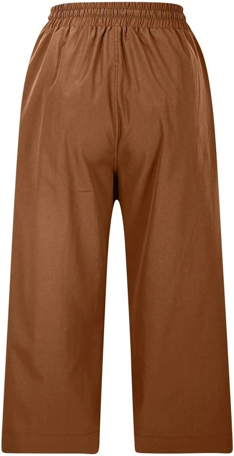 Wide Leg Capri Pants for Women Elastic High Waist Straight Leg Palazzo Trousers Summer Beach Vacation Lounge Pants
