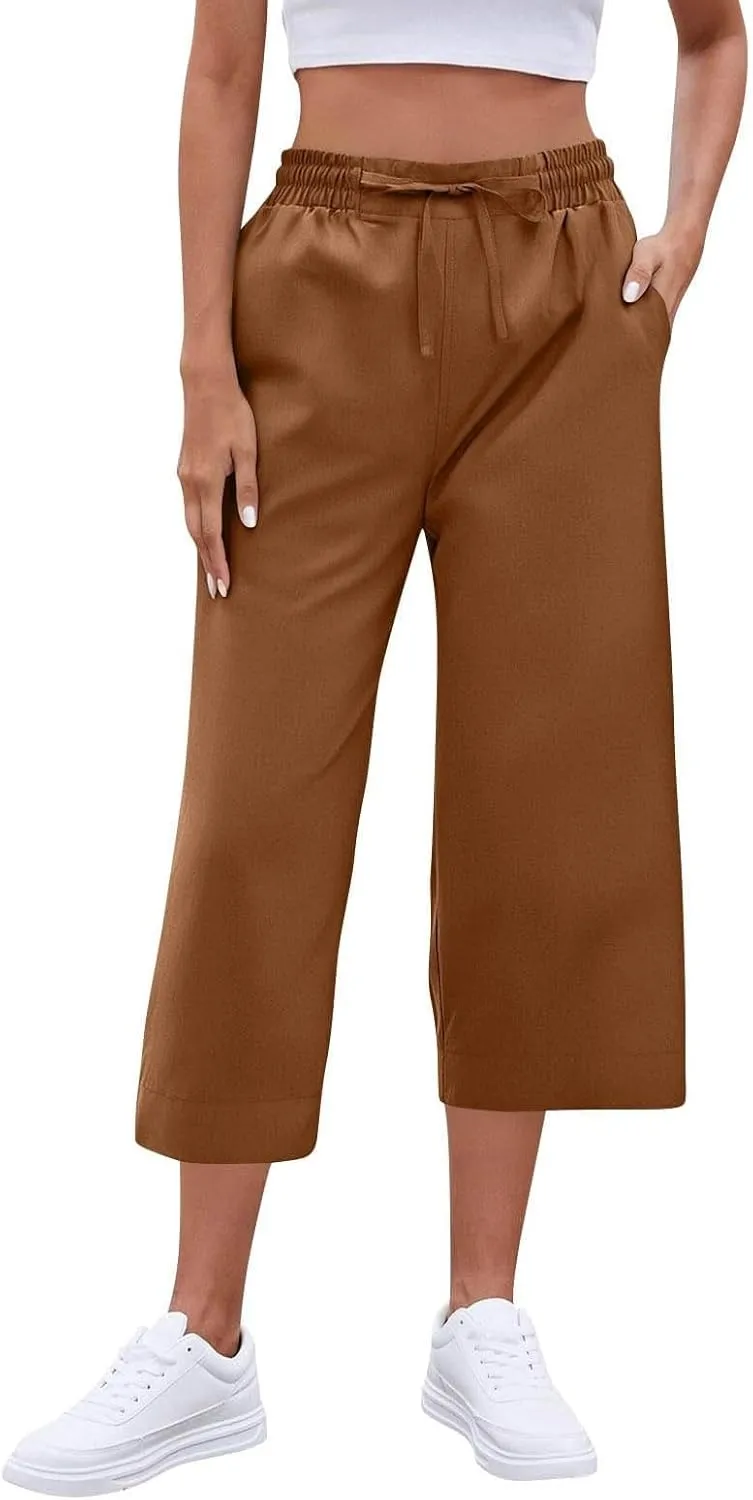 Wide Leg Capri Pants for Women Elastic High Waist Straight Leg Palazzo Trousers Summer Beach Vacation Lounge Pants