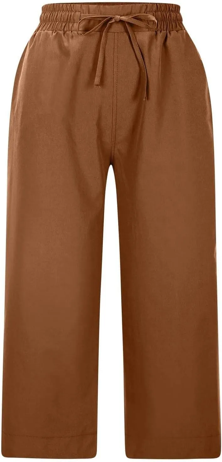 Wide Leg Capri Pants for Women Elastic High Waist Straight Leg Palazzo Trousers Summer Beach Vacation Lounge Pants