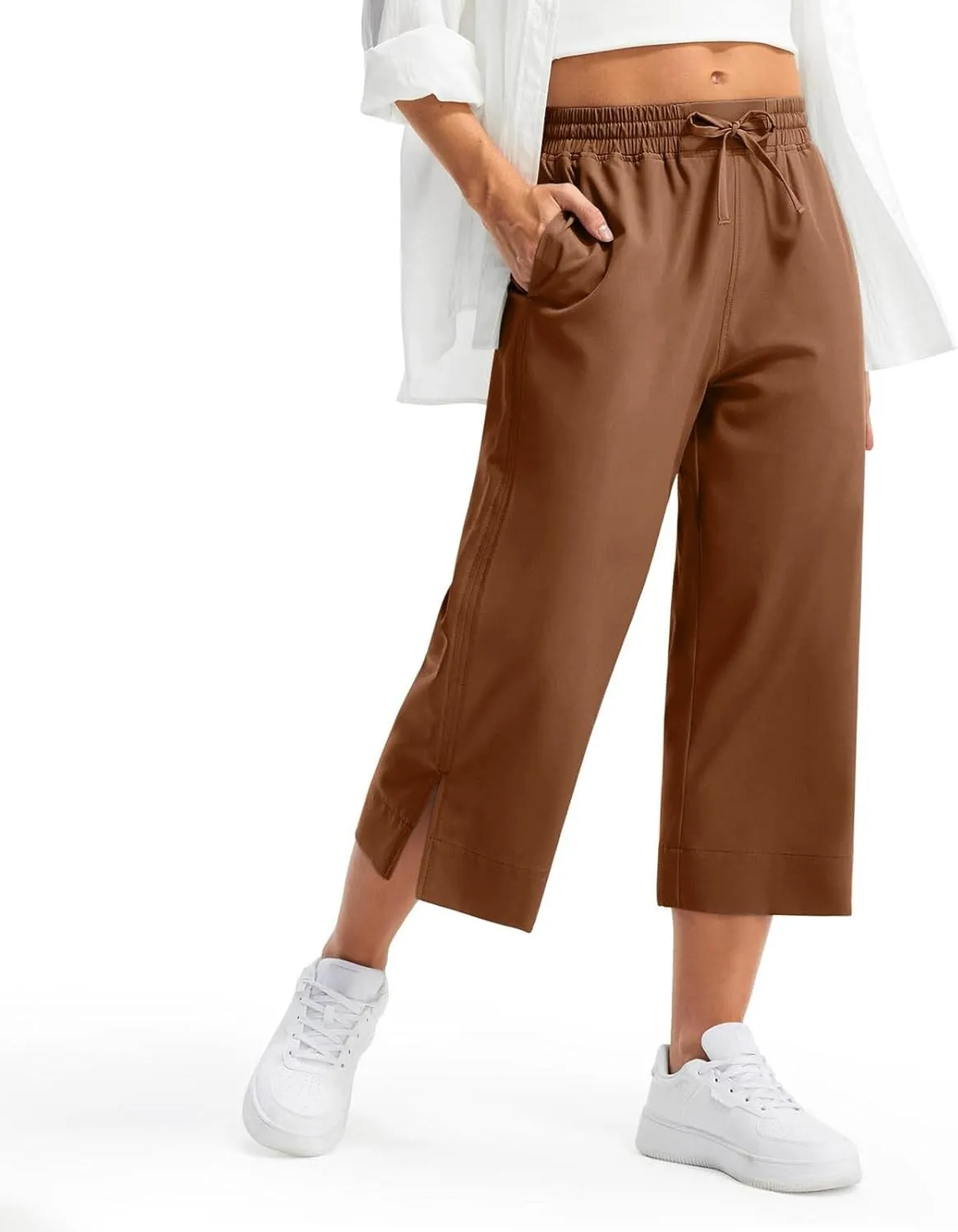 Wide Leg Capri Pants for Women Elastic High Waist Straight Leg Palazzo Trousers Summer Beach Vacation Lounge Pants