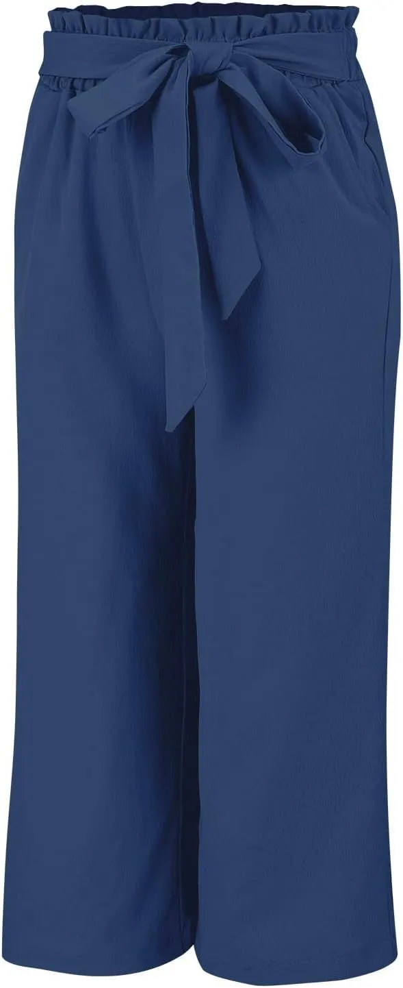 Wide Leg Capri Pants for Women High Waisted Adjustable Bow Tie Palazzo Pants Dressy Casual Flowy Capris with Pockets