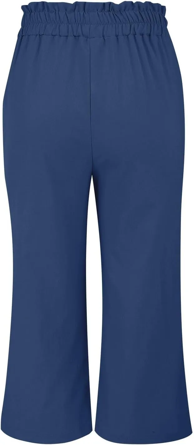 Wide Leg Capri Pants for Women High Waisted Adjustable Bow Tie Palazzo Pants Dressy Casual Flowy Capris with Pockets