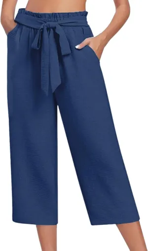 Wide Leg Capri Pants for Women High Waisted Adjustable Bow Tie Palazzo Pants Dressy Casual Flowy Capris with Pockets