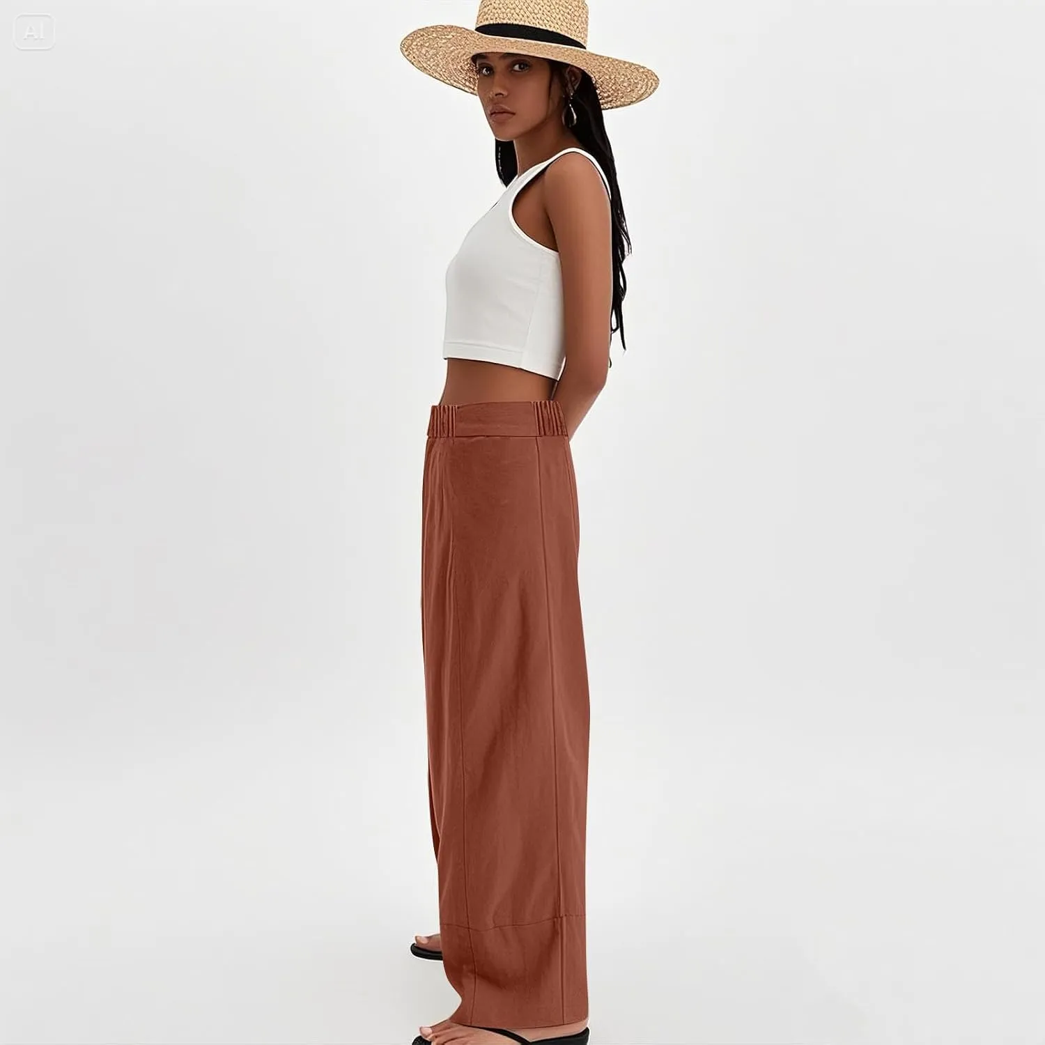 Wide Leg Linen Pants for Women Baggy Elastic High Waist Palazzo Pants Casual Summer Flowy Beach Trousers with Pockets