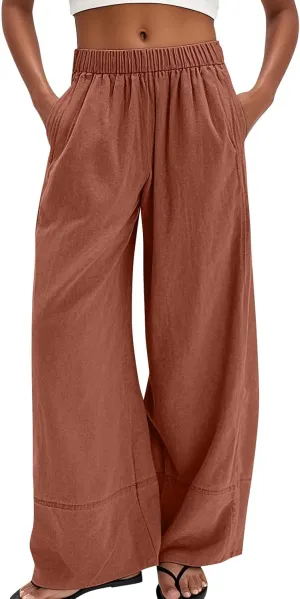 Wide Leg Linen Pants for Women Baggy Elastic High Waist Palazzo Pants Casual Summer Flowy Beach Trousers with Pockets