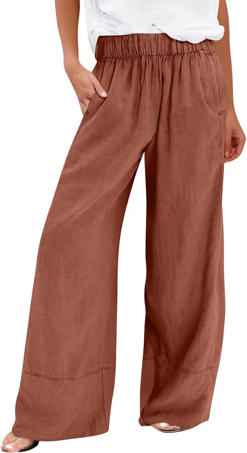 Wide Leg Linen Pants for Women Baggy Elastic High Waist Palazzo Pants Casual Summer Flowy Beach Trousers with Pockets