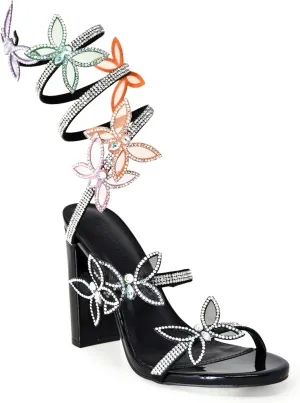 Wild Diva Rainbow Embellished Rhinestone Butterfly Spiral Coil Wrap Around Block Heels-581A-BKPA-7.5, Morris-581A