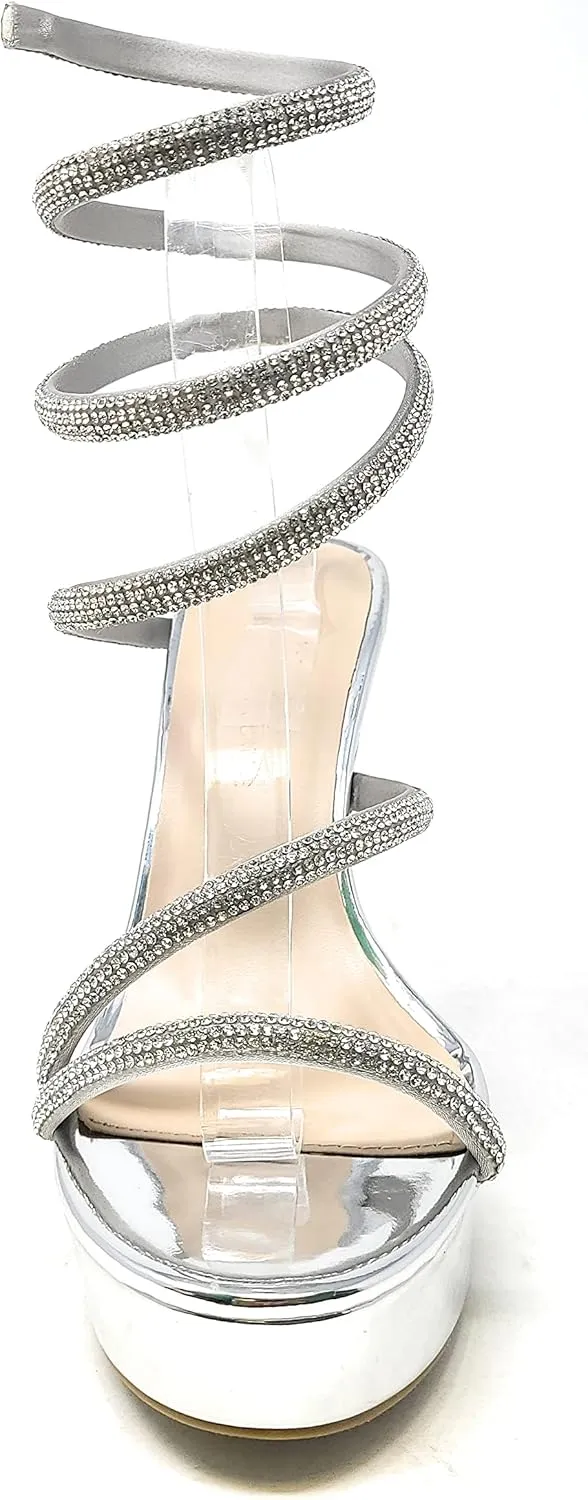 Wild Diva Women's Liz-34 Rhinestone Wrap Around Coil Spiral Embellished Straps & Heels Platform Stiletto Heels Sandals