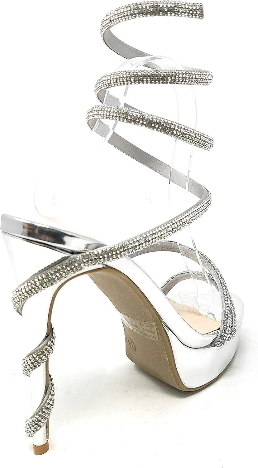 Wild Diva Women's Liz-34 Rhinestone Wrap Around Coil Spiral Embellished Straps & Heels Platform Stiletto Heels Sandals