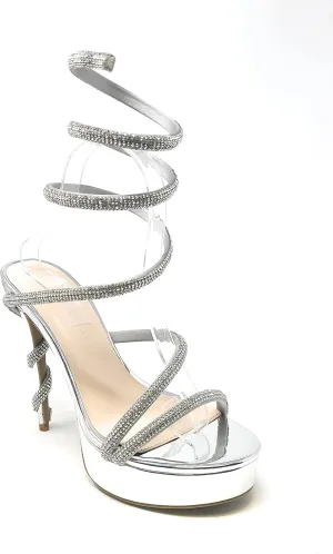 Wild Diva Women's Liz-34 Rhinestone Wrap Around Coil Spiral Embellished Straps & Heels Platform Stiletto Heels Sandals