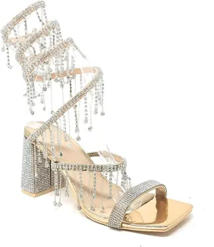 Wild Diva Women's Molla-01 Chandelier Embellished Rhinestone Spiral Coil Wrap Around Chunky Block Heels
