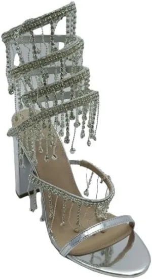 Wild Diva Women's Morris-605 Chandelier Embellished Rhinestone Spiral Coil Wrap Around Chunky Block Heels