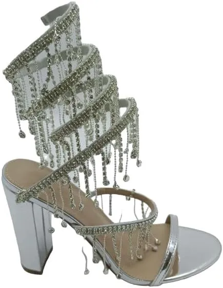 Wild Diva Women's Morris-605 Chandelier Embellished Rhinestone Spiral Coil Wrap Around Chunky Block Heels