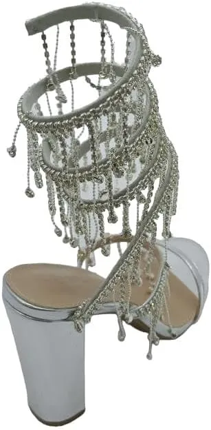 Wild Diva Women's Morris-605 Chandelier Embellished Rhinestone Spiral Coil Wrap Around Chunky Block Heels