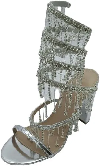 Wild Diva Women's Morris-605 Chandelier Embellished Rhinestone Spiral Coil Wrap Around Chunky Block Heels