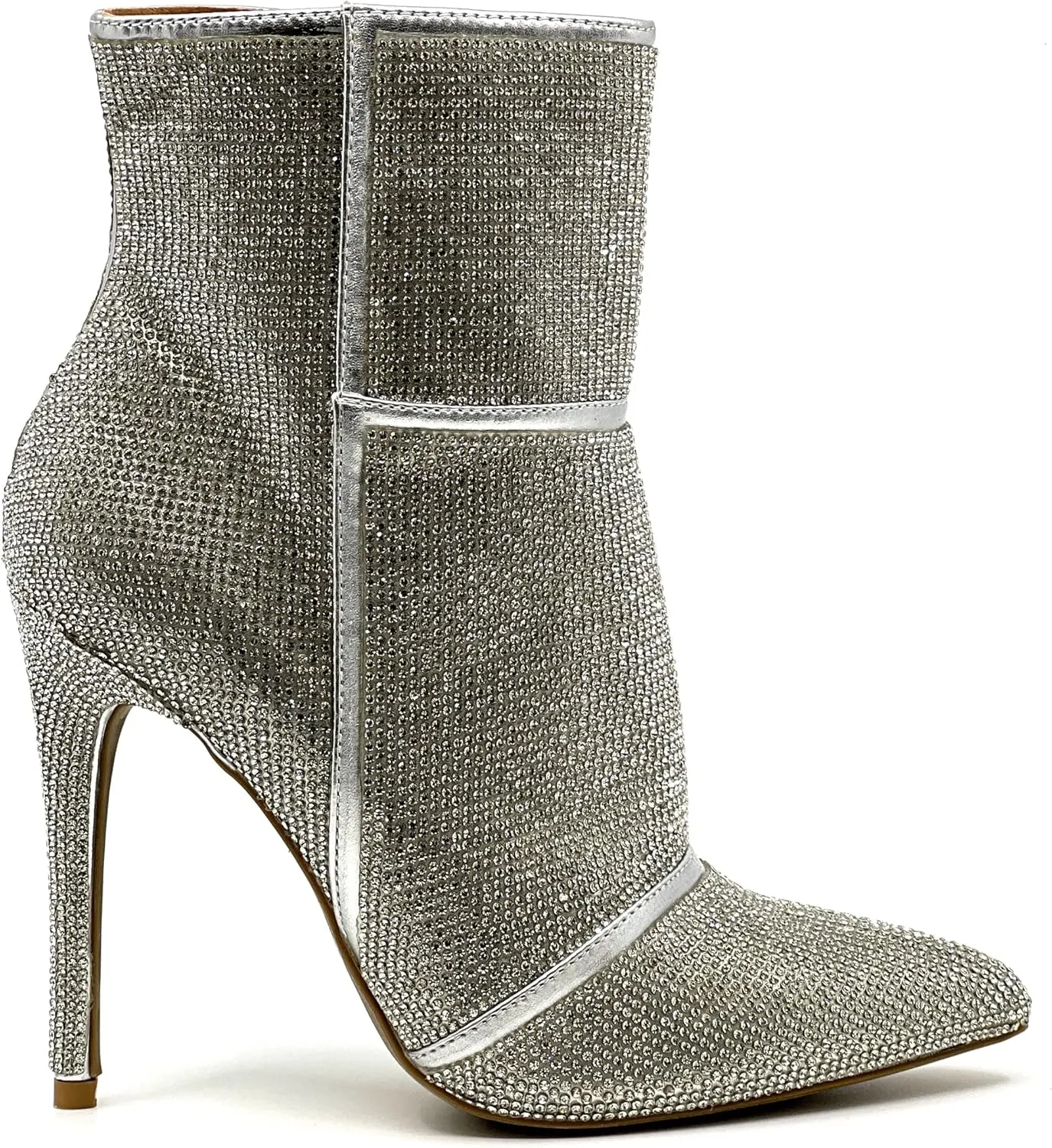Wild Diva Women's Rhinestone Booties Stiletto Heel Boots Pointed Toe Side Zipper Sparkly Rhinestone Ankle Boots