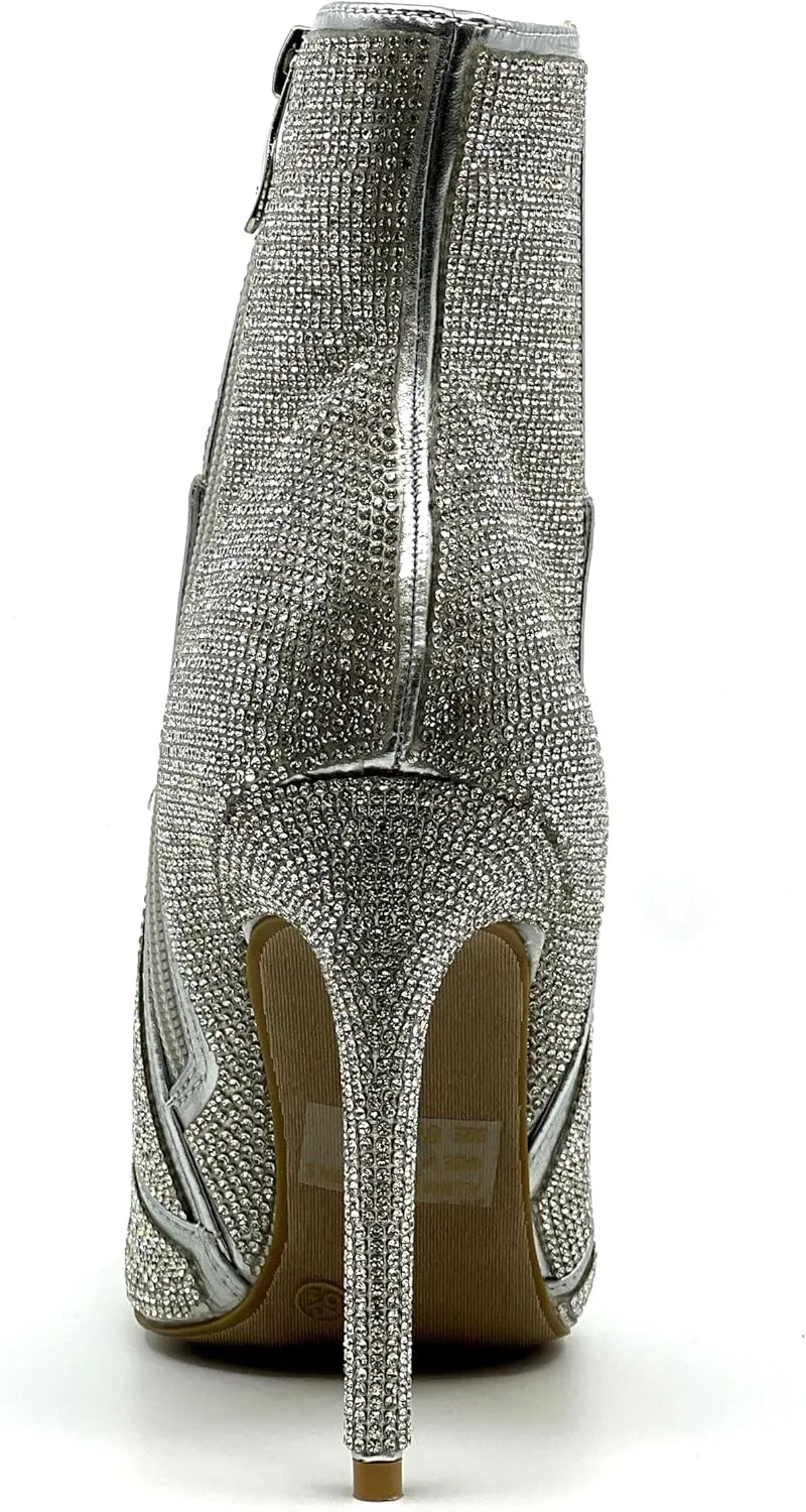 Wild Diva Women's Rhinestone Booties Stiletto Heel Boots Pointed Toe Side Zipper Sparkly Rhinestone Ankle Boots