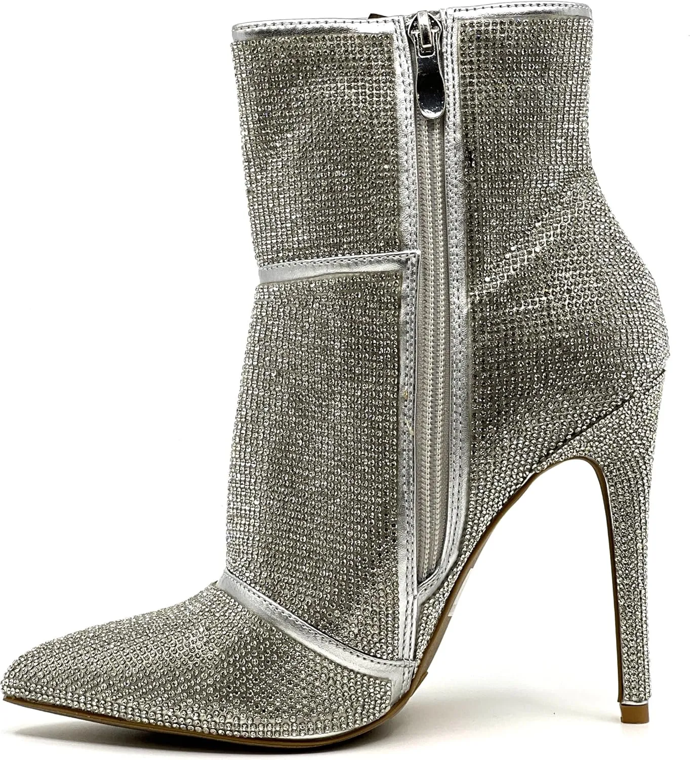 Wild Diva Women's Rhinestone Booties Stiletto Heel Boots Pointed Toe Side Zipper Sparkly Rhinestone Ankle Boots