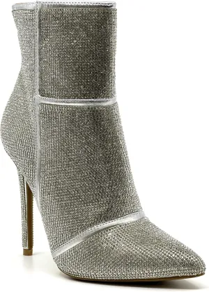 Wild Diva Women's Rhinestone Booties Stiletto Heel Boots Pointed Toe Side Zipper Sparkly Rhinestone Ankle Boots