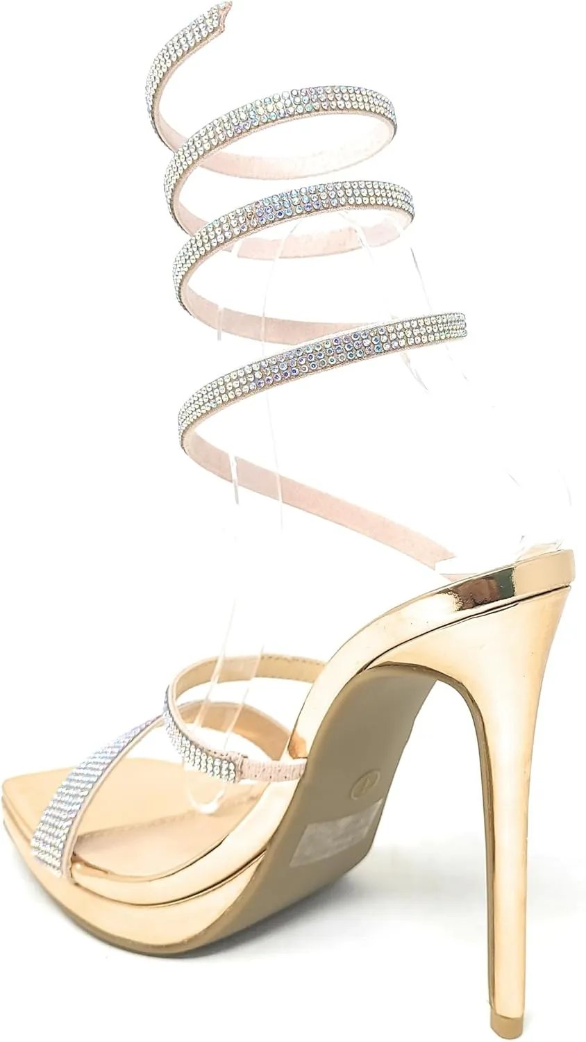 Wild Diva Women's Square Toe Spiral Ankle Strap Rhinestone Embellished Formal Stiletto High Heels Lunna-03