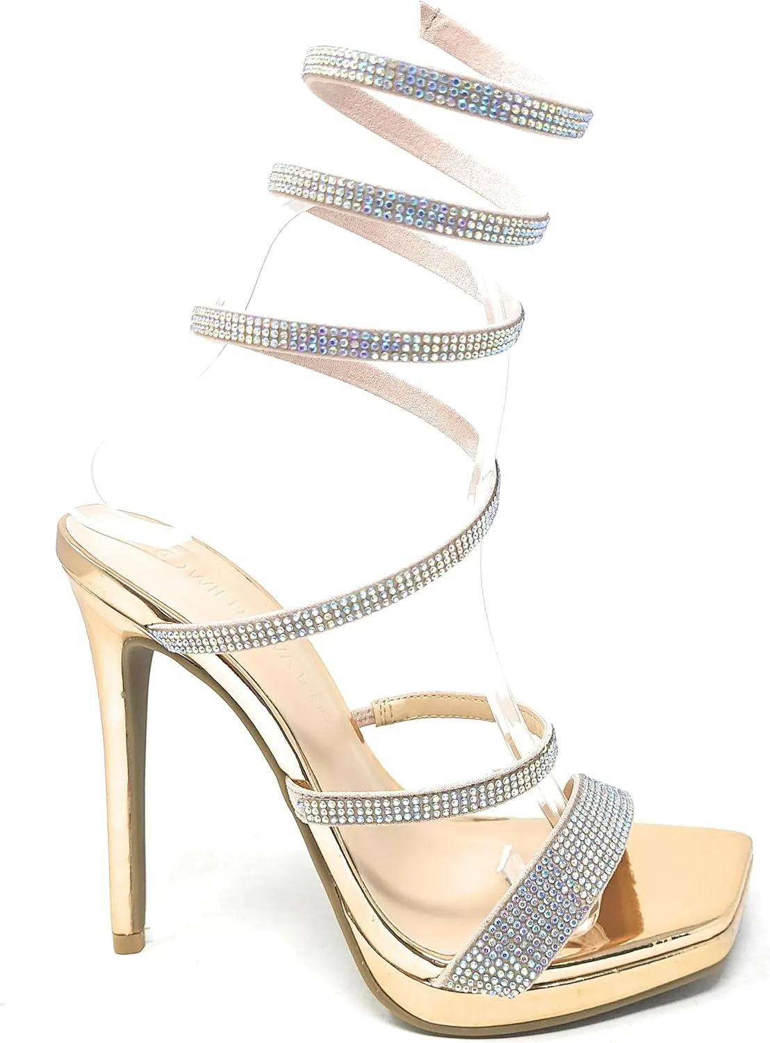 Wild Diva Women's Square Toe Spiral Ankle Strap Rhinestone Embellished Formal Stiletto High Heels Lunna-03