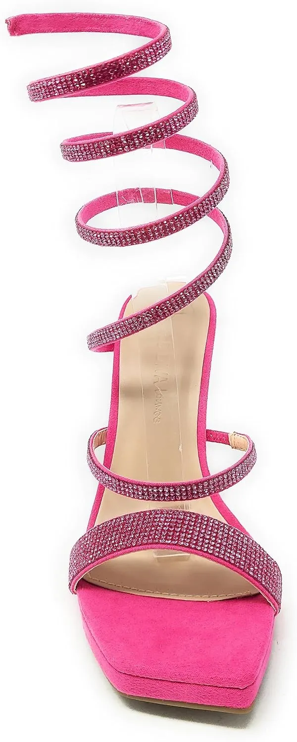 Wild Diva Women's Square Toe Spiral Ankle Strap Rhinestone Embellished Formal Stiletto High Heels Lunna-03