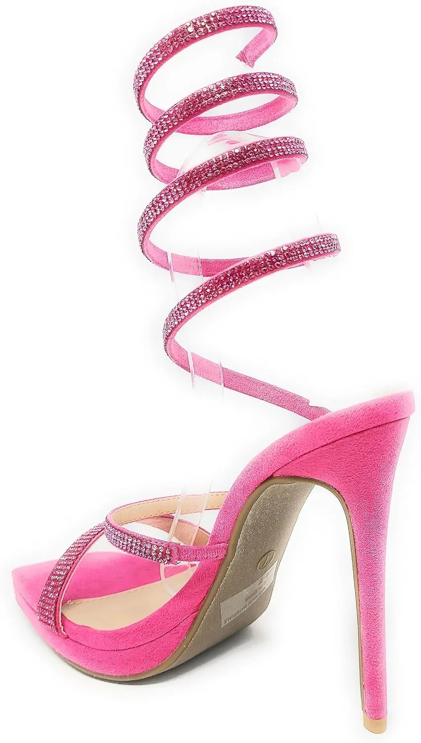 Wild Diva Women's Square Toe Spiral Ankle Strap Rhinestone Embellished Formal Stiletto High Heels Lunna-03
