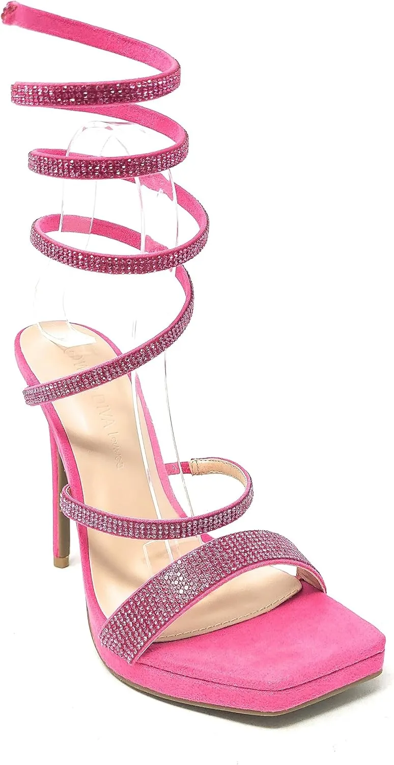 Wild Diva Women's Square Toe Spiral Ankle Strap Rhinestone Embellished Formal Stiletto High Heels Lunna-03