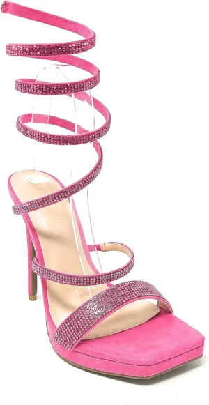 Wild Diva Women's Square Toe Spiral Ankle Strap Rhinestone Embellished Formal Stiletto High Heels Lunna-03
